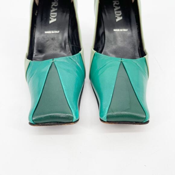 Vintage Prada Green Tricolor Colorblock Leather Square Toe Mid Heel Pumps 38.5 - Picture 6 of 11